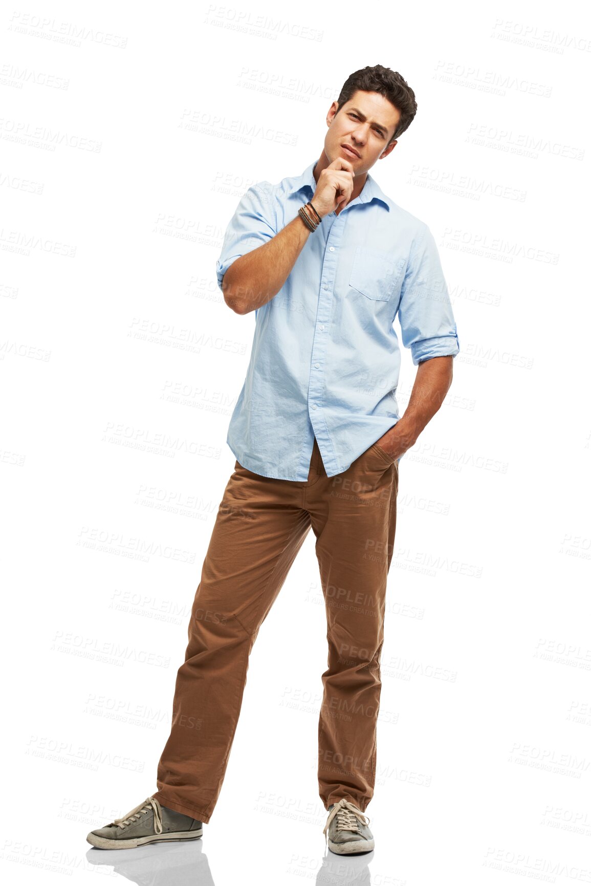 Buy stock photo Business man, portrait and thinking, ideas or problem with decision, remember information or doubt. Designer or person for solution, confused or question emoji isolated on transparent png background