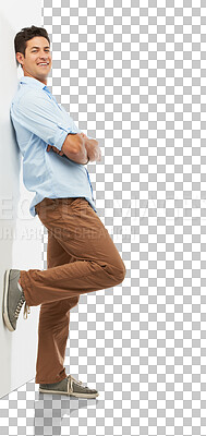 Buy stock photo Happy, businessman and leaning on wall in portrait with arms crossed in confidence on transparent, isolated or png background. Intern, interior designer or architect with success, pride and style