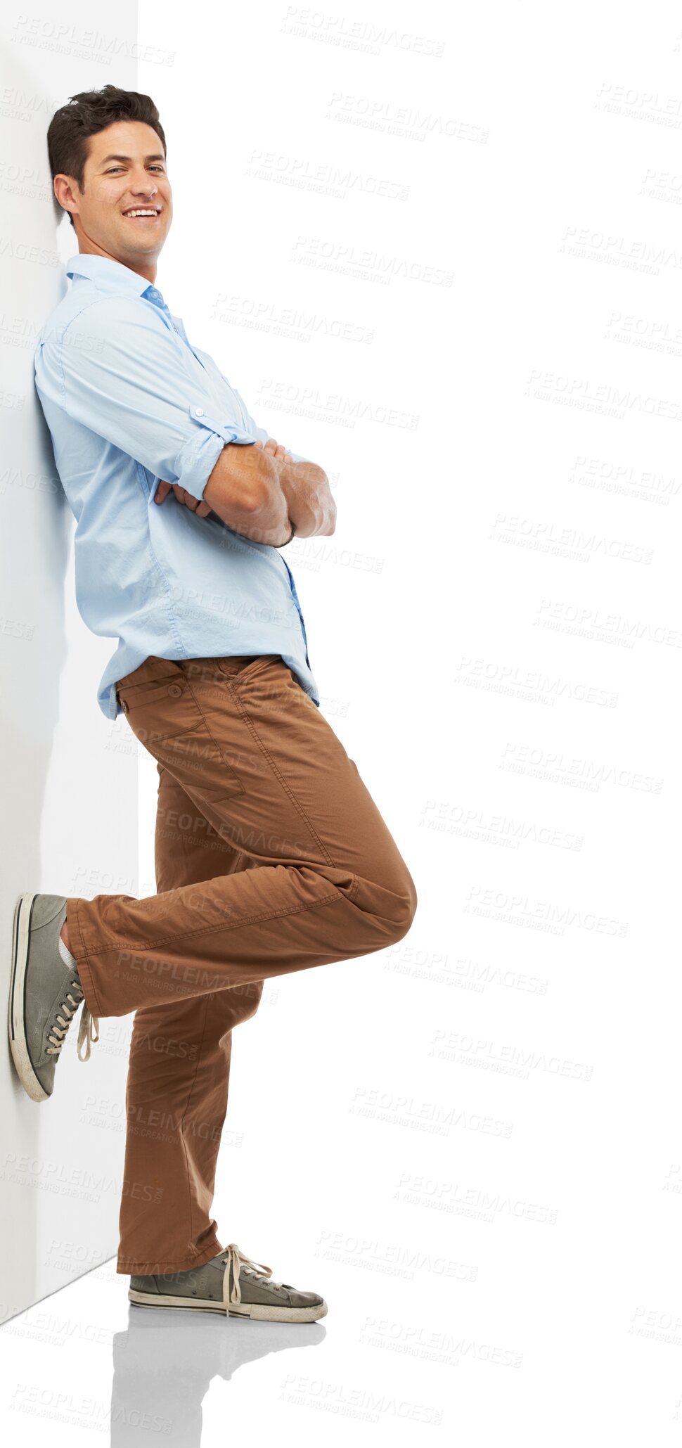 Buy stock photo Happy, businessman and leaning on wall in portrait with arms crossed in confidence on transparent, isolated or png background. Intern, interior designer or architect with success, pride and style