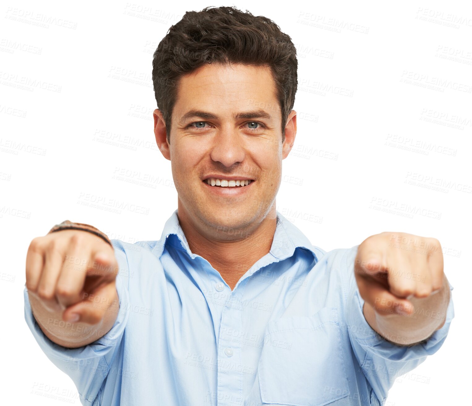 Buy stock photo Portrait of business man pointing you for winner, opportunity or success choice or competition. Hiring worker or person, finger and hand sign for recruitment isolated on png, transparent background
