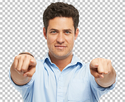 Buy stock photo Business man, face and pointing you for winner, opportunity or success choice and competition. Portrait, hiring worker or person with hand sign for recruitment isolated on png, transparent background