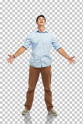 Buy stock photo Looking up, promotion and man excited, happiness and confident guy isolated on a transparent background. Male person, casual and happy model with dream, future and fantasy with joy, smile and png