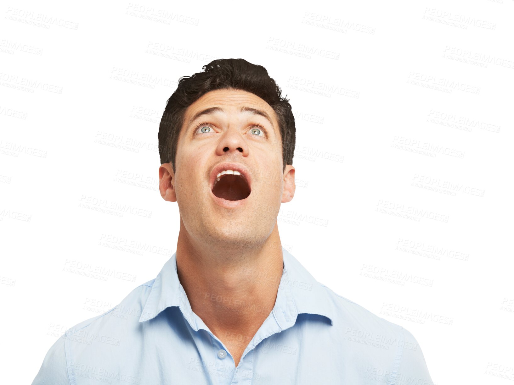 Buy stock photo Surprise, man and wow at isolated announcement and discount sales deal on a transparent background. Shocked face, person and guy with notification news, omg and emoji reaction with png and expression