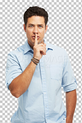 Buy stock photo Portrait, man and finger on the lips with secret, silence and guy isolated on a transparent background. Male person, silent or model with emoji, communication and privacy with gossip, png and whisper