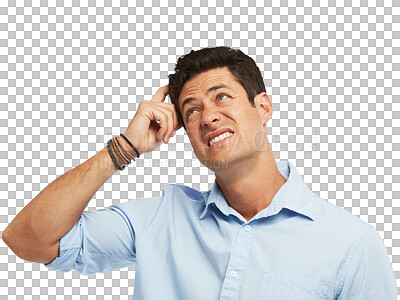 Buy stock photo Business man, confused and thinking, memory or decision, choice and remember information. Worker or person scratch his head for problem, solution or why emoji isolated on transparent png background