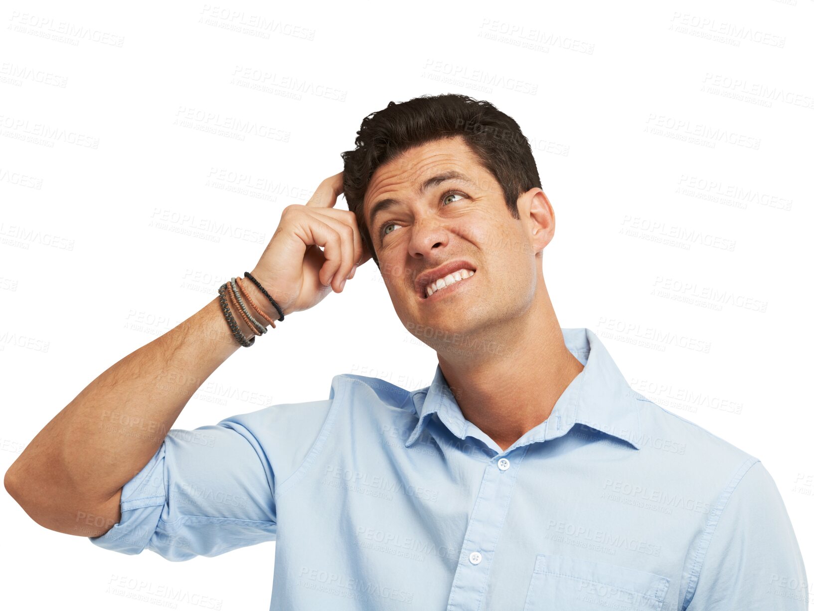 Buy stock photo Business man, confused and thinking, memory or decision, choice and remember information. Worker or person scratch his head for problem, solution or why emoji isolated on transparent png background