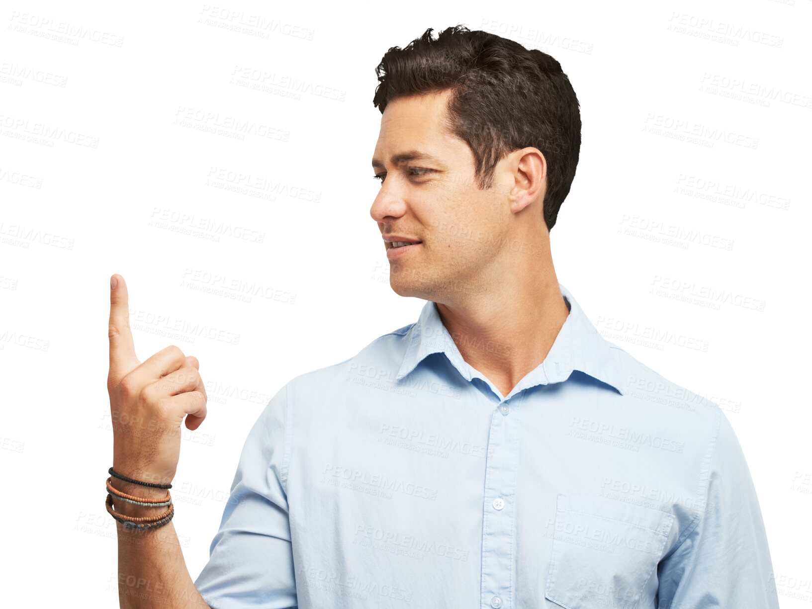 Buy stock photo Man, pointing up with marketing presentation and news isolated on png transparent background. Male ambassador, ads and announcement, opportunity and deal offer, launch coming soon and information