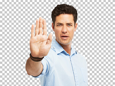 Buy stock photo Portrait, hand and man with stop, rejection and warning isolated on a transparent background. Face, male person and guy with gesture, decline and sign with no gesture, palm and inequality with png