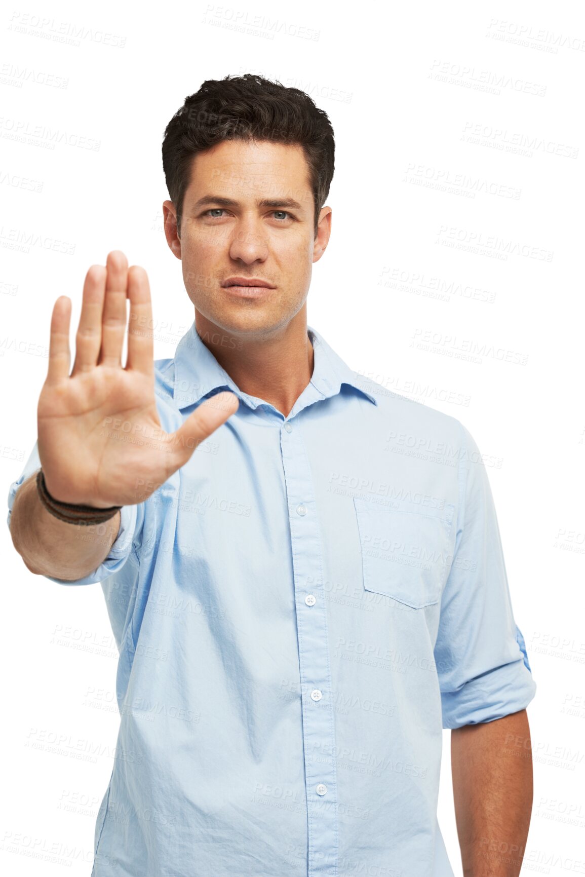 Buy stock photo Portrait, business and man with stop, hand and communication isolated on a transparent background. Face, male person and guy with gesture for warning, sign language and rejection with png and ban