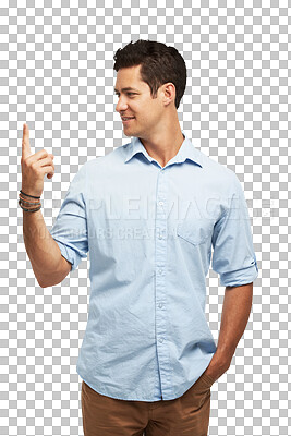 Buy stock photo Hand pointing, smile and man with finger, sign and one gesture isolated, transparent and png background. Choice, vote and male person with question, answer or decision, selection and point up promo
