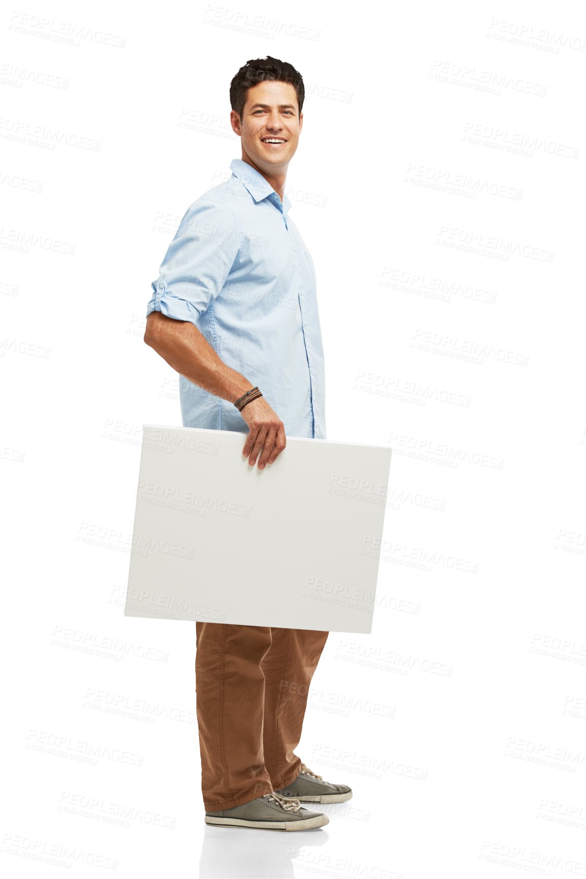 Buy stock photo Portrait, poster and businessman with a sign for mockup, information or job announcement on transparent, isolated or png background. Billboard, advertising or man with banner or marketing promotion