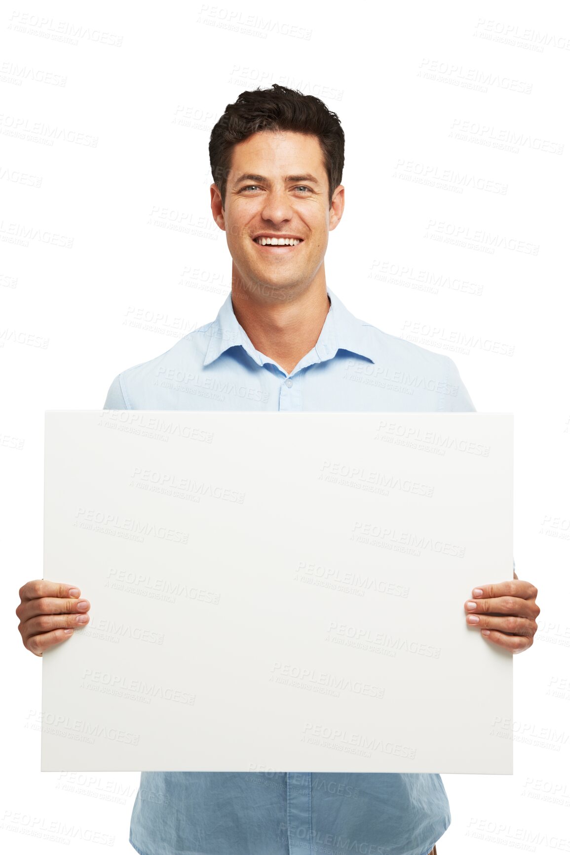 Buy stock photo Sign, portrait man with a poster for mockup, information or news announcement on transparent, isolated or png background. Billboard, advertising or businessman with banner or marketing promotion