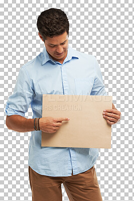 Buy stock photo Cardboard, man and pointing to mockup sign, space and marketing isolated on a transparent png background. Advertising, poster and person with banner for commercial promotion, design and presentation.