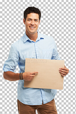 Buy stock photo Cardboard, portrait of man and pointing to mockup sign, space and marketing isolated on a transparent png background. Advertising, happy person and poster, banner information or commercial promotion