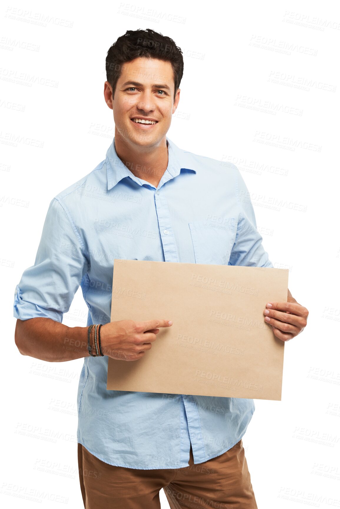 Buy stock photo Cardboard, portrait of man and pointing to mockup sign, space and marketing isolated on a transparent png background. Advertising, happy person and poster, banner information or commercial promotion