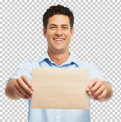 Buy stock photo Cardboard, portrait of man and mockup sign, space and marketing isolated on a transparent png background. Advertising, face and happy person on poster, banner or info, commercial and flyer promotion