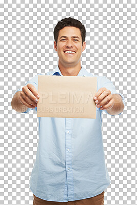 Buy stock photo Portrait, poster presentation and happy man advertising wooden board, sales retail or promote service info, logo or notification. Ads, discount and person show branding on transparent, png background