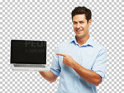 Buy stock photo Business man, computer screen and presentation, software mockup or ux design for website. Portrait of person or pointing to laptop, news or job marketing space isolated on png, transparent background