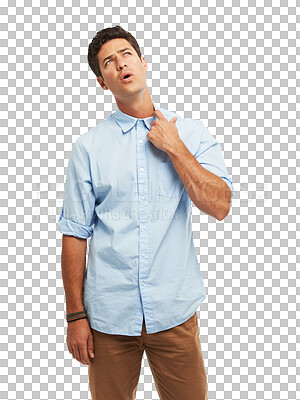 Buy stock photo Nervous, collar and a man sweating or hot with anxiety, panic attack or stress and burnout. Business person with a shirt isolated on a transparent, png background with heat, pressure or uncomfortable