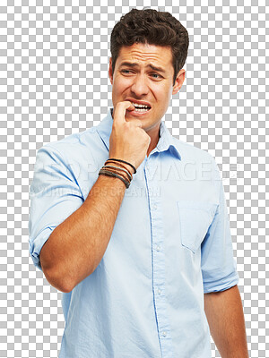 Buy stock photo Anxiety, thinking and stress man biting nails, nervous and model isolated on a transparent background. Male person, bad habit or guy with mistake, doubt and mental health with news, png and crisis