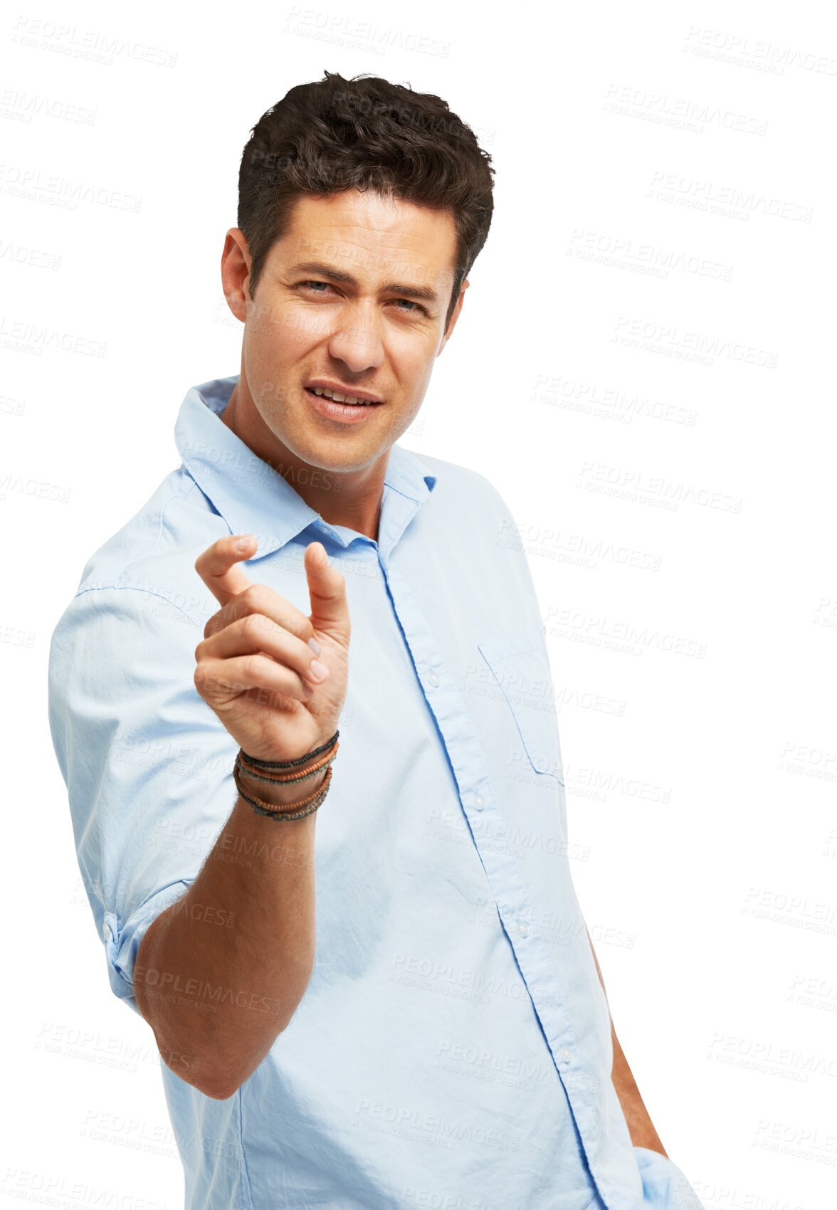 Buy stock photo Small, little sign and hand of man to show or measure size, scale and height. Young male person from Australia isolated on a transparent, png background for review, feedback and tiny or pinch symbol
