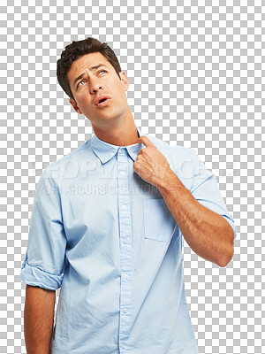 Buy stock photo Collar, nervous and a man sweating or hot with anxiety, panic attack or stress and burnout. Business person with a shirt isolated on a transparent, png background with heat, pressure or uncomfortable