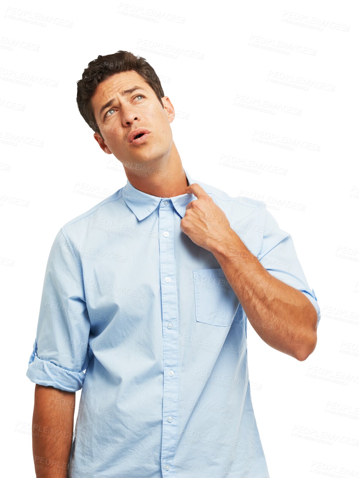 Buy stock photo Collar, nervous and a man sweating or hot with anxiety, panic attack or stress and burnout. Business person with a shirt isolated on a transparent, png background with heat, pressure or uncomfortable