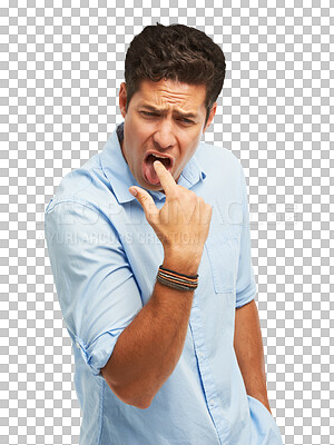 Buy stock photo Man, sticking finger down throat and disgust with nausea and sick isolated on png transparent background. Gesture, illness and male person with problem, dislike and negative emotions with vomit