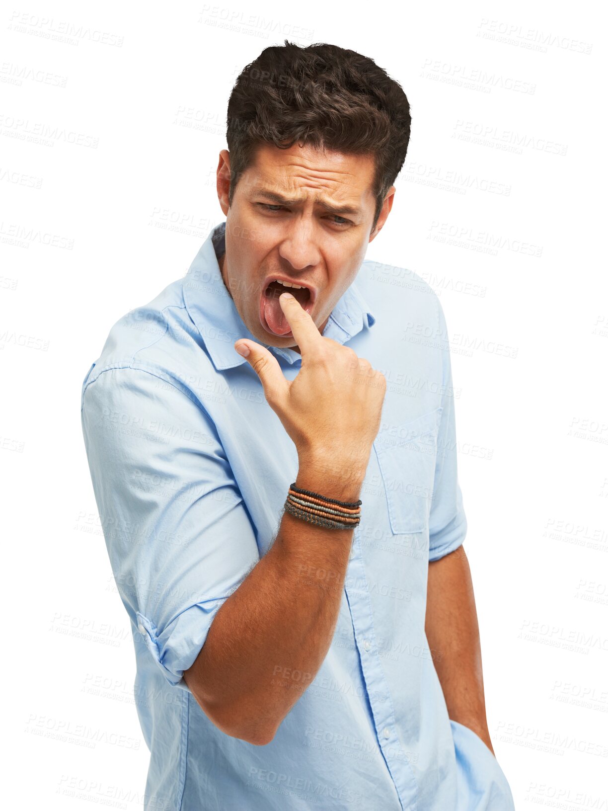 Buy stock photo Man, sticking finger down throat and disgust with nausea and sick isolated on png transparent background. Gesture, illness and male person with problem, dislike and negative emotions with vomit