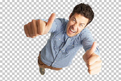 Buy stock photo Man, thumbs up and success portrait in thank you or yes and like emoji for business vote above. Excited worker, winner or person wow, support and good job sign isolated on png, transparent background