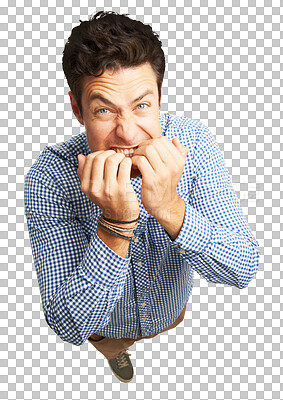 Buy stock photo Nervous, anxiety and a man biting nails isolated on a transparent, png background. Portrait of a scared male model person with stress, fear and panic or crisis after mistake or from Australia