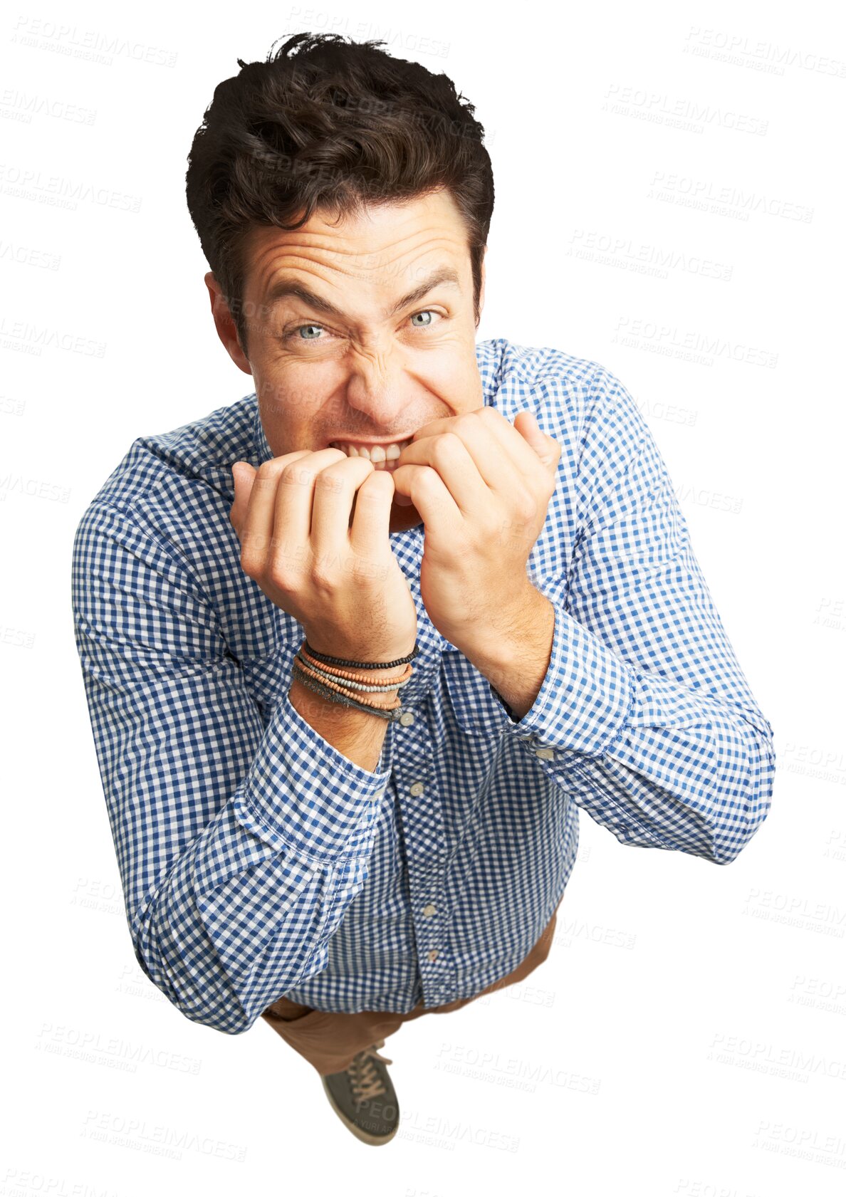 Buy stock photo Nervous, anxiety and a man biting nails isolated on a transparent, png background. Portrait of a scared male model person with stress, fear and panic or crisis after mistake or from Australia