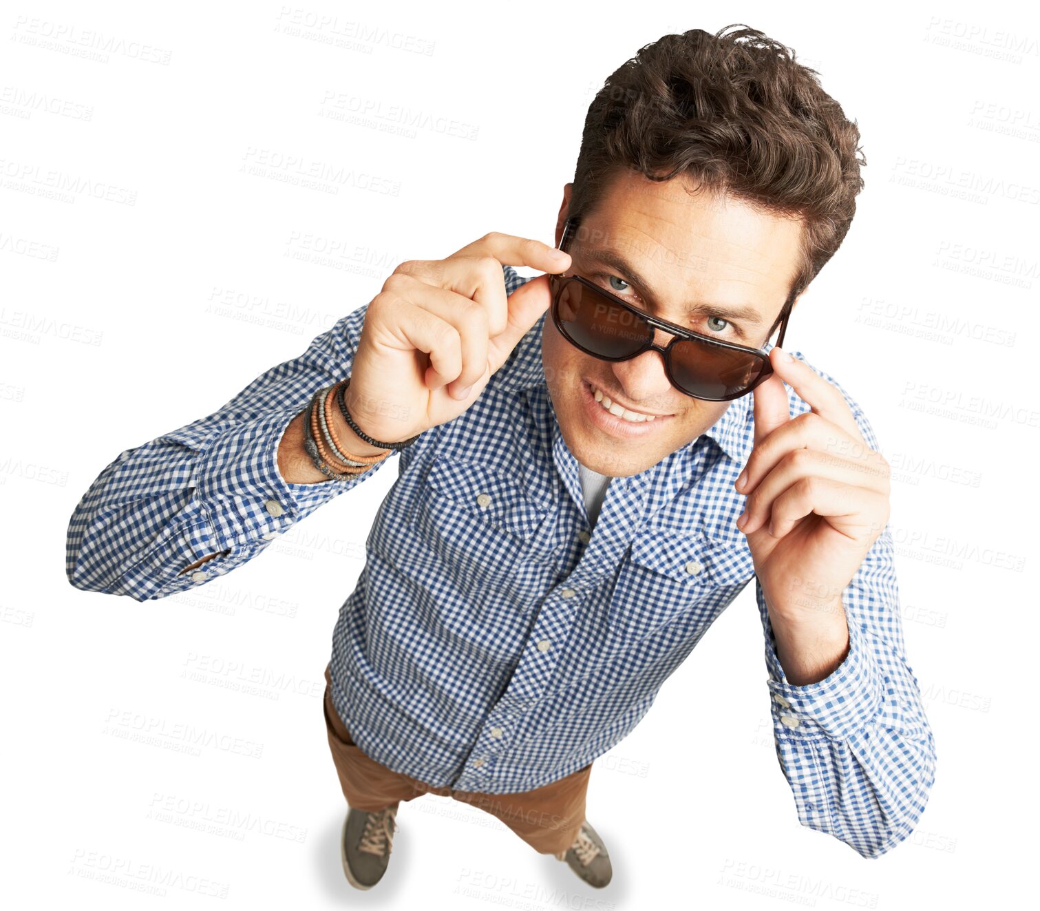 Buy stock photo Portrait, top view and man with fashion, sunglasses and smile isolated on a transparent background. Male person, happy or guy with casual outfit, stylish clothes or funky eyewear and looking on png