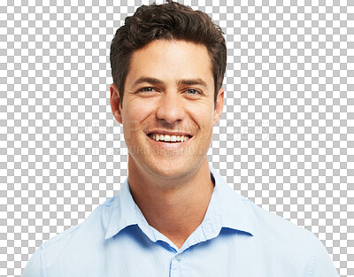 Buy stock photo Confidence, happy and portrait of man with smile on isolated, png and transparent background. Handsome, professional and face of male person in New Zealand with pride for career, job and business