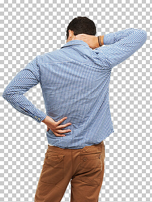 Buy stock photo Back, man and pain with inflammation, bruise or body ache isolated on a transparent background. Male, gentleman or emergency with injury, neck or broken with muscle tension, png or person with strain