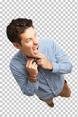 Buy stock photo Frustrated, face and high angle of businessman with choking collar, button or shirt on transparent, isolated or png background. Tight, clothes and man in discomfort, stress or crisis in fashion