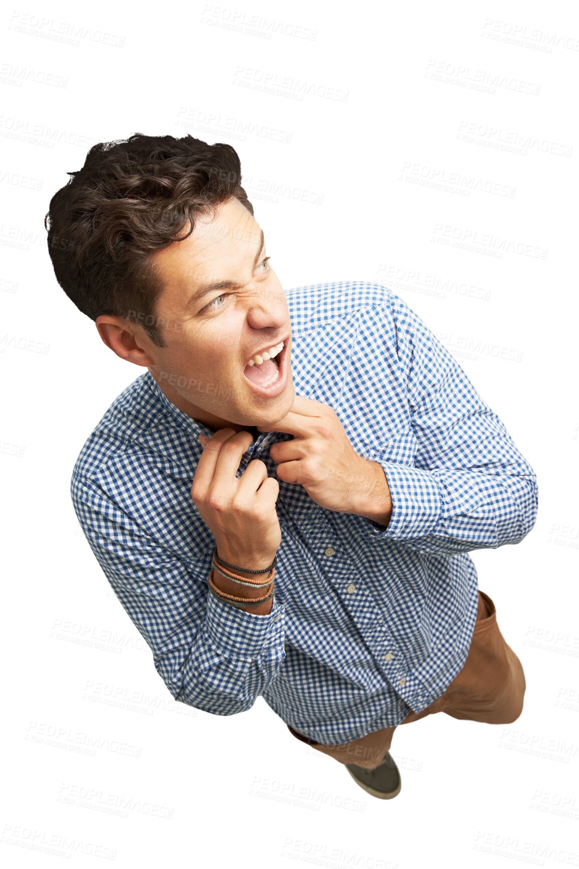 Buy stock photo Frustrated, face and high angle of businessman with choking collar, button or shirt on transparent, isolated or png background. Tight, clothes and man in discomfort, stress or crisis in fashion