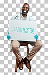 African american covid doctor holding and showing poster. Full length portrait of smiling black physician isolated against red studio background with copyspace. Man promoting corona vaccine on sign