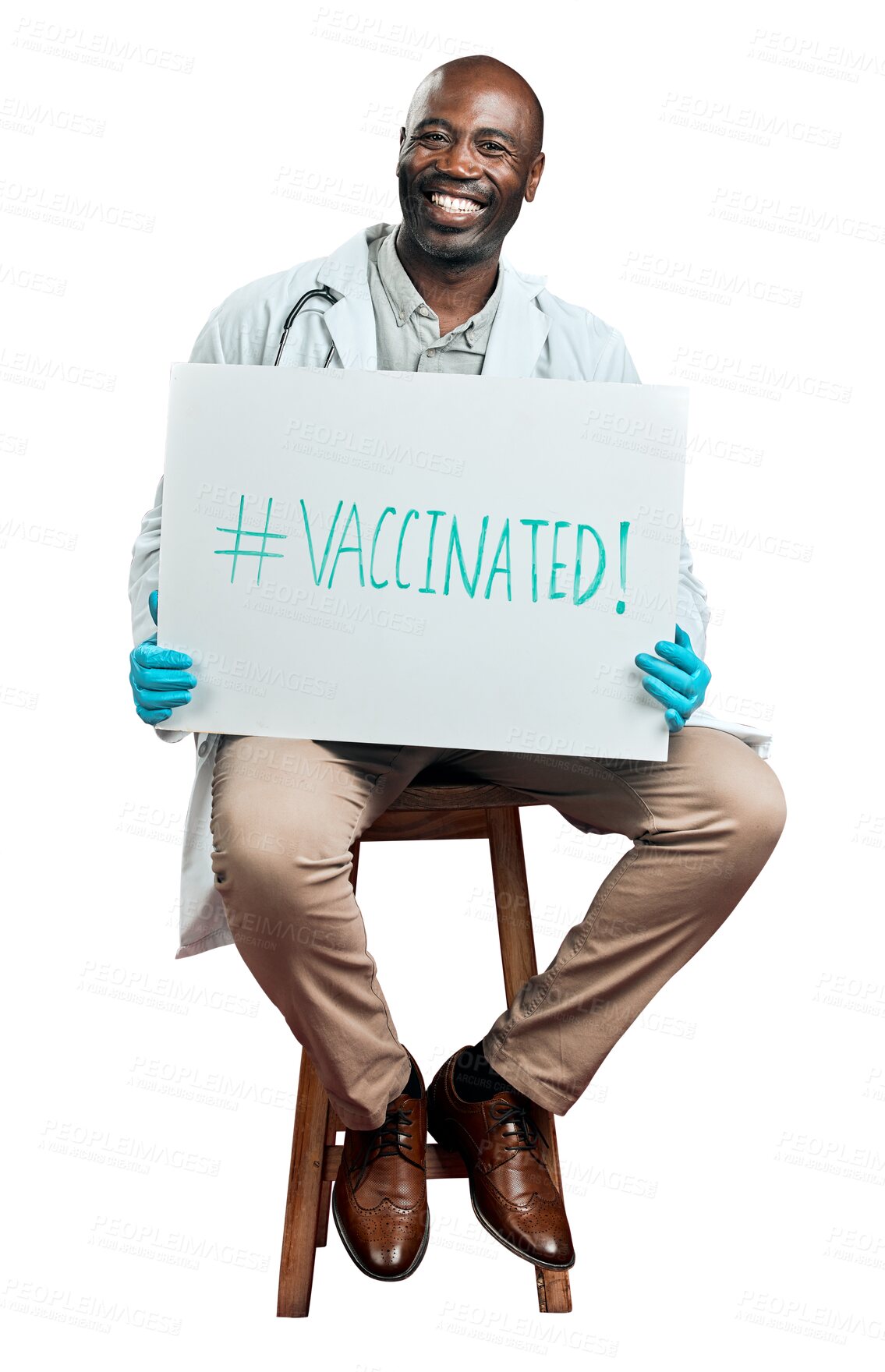 Buy stock photo Black man, doctor and vaccine promotion poster, portrait and covid healthcare isolated on png transparent background. Male physician with billboard sign, safety from corona advertising and health