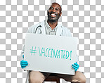 African american covid doctor holding and showing poster. Portrait of smiling black physician isolated on red studio background with copyspace. Man promoting and encouraging corona vaccine on sign