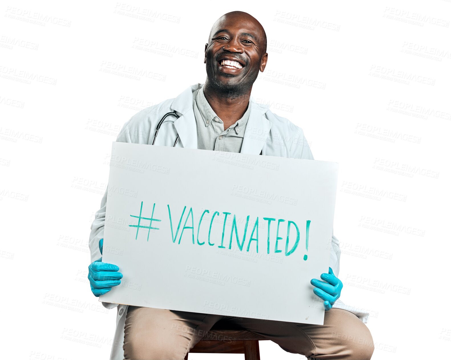 Buy stock photo Portrait, doctor and black man with vaccine poster isolated on transparent png background. Medical professional, happy and immunization banner for covid, healthcare promotion and advertising wellness