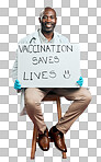 African american covid doctor holding and showing poster. Full length portrait of smiling black physician isolated against red studio background with copyspace. Man promoting corona vaccine on sign