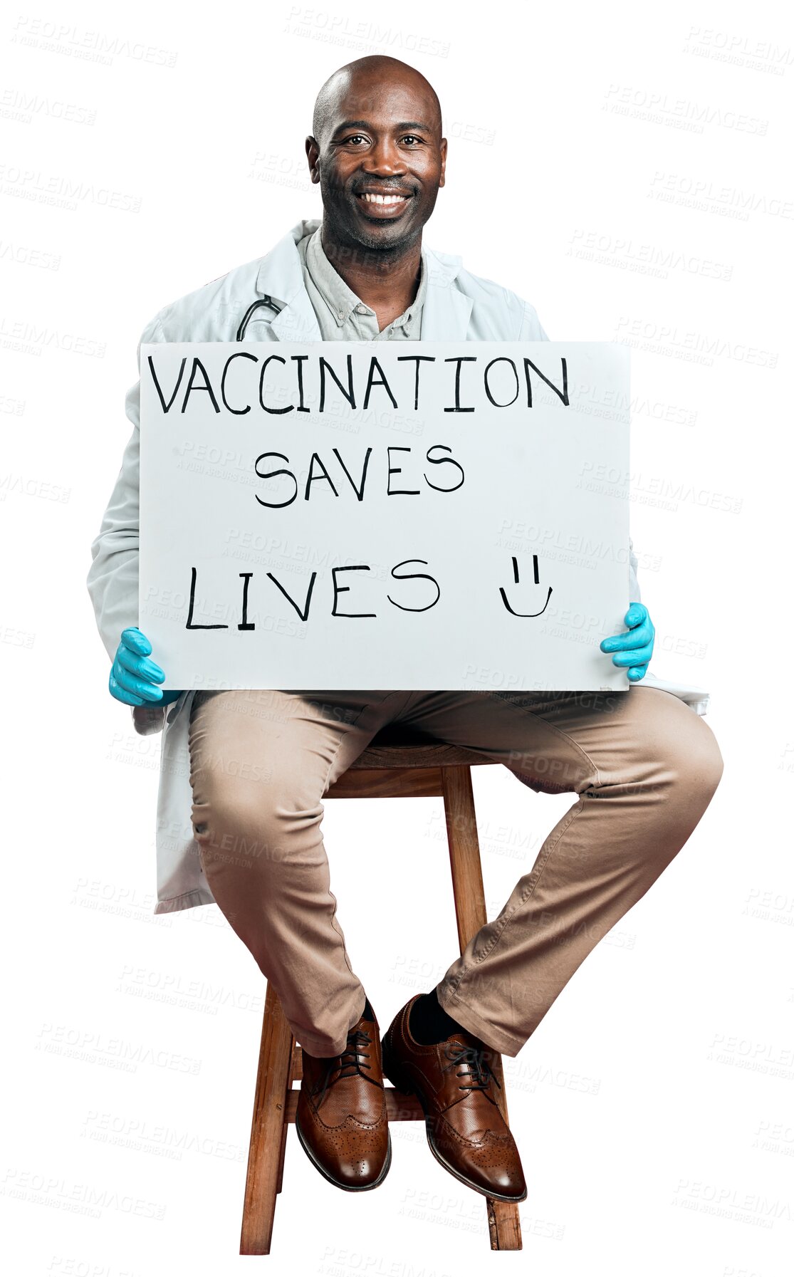 Buy stock photo Portrait, black man and doctor with poster for vaccination,  covid and promotion isolated on a transparent background. Medical professional, banner and employee with corona vaccine, sign and png