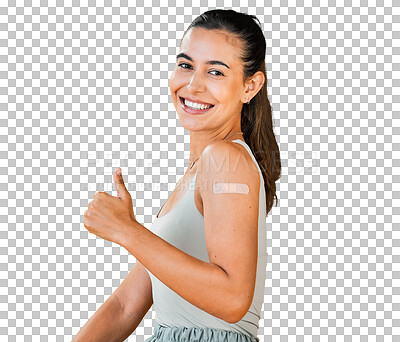 Buy stock photo Woman, thumbs up and vaccine promotion with portrait, plaster on arm and covid isolated on png transparent background. Female person, corona immunization support and smile, healthcare and solution