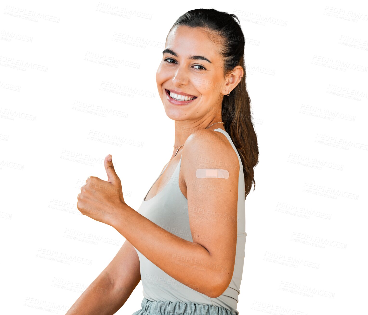 Buy stock photo Woman, thumbs up and vaccine promotion with portrait, plaster on arm and covid isolated on png transparent background. Female person, corona immunization support and smile, healthcare and solution