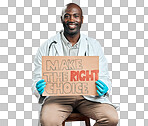 African american covid doctor holding and showing poster. Portrait of smiling black physician isolated on red studio background with copyspace. Man promoting and encouraging corona vaccine on sign