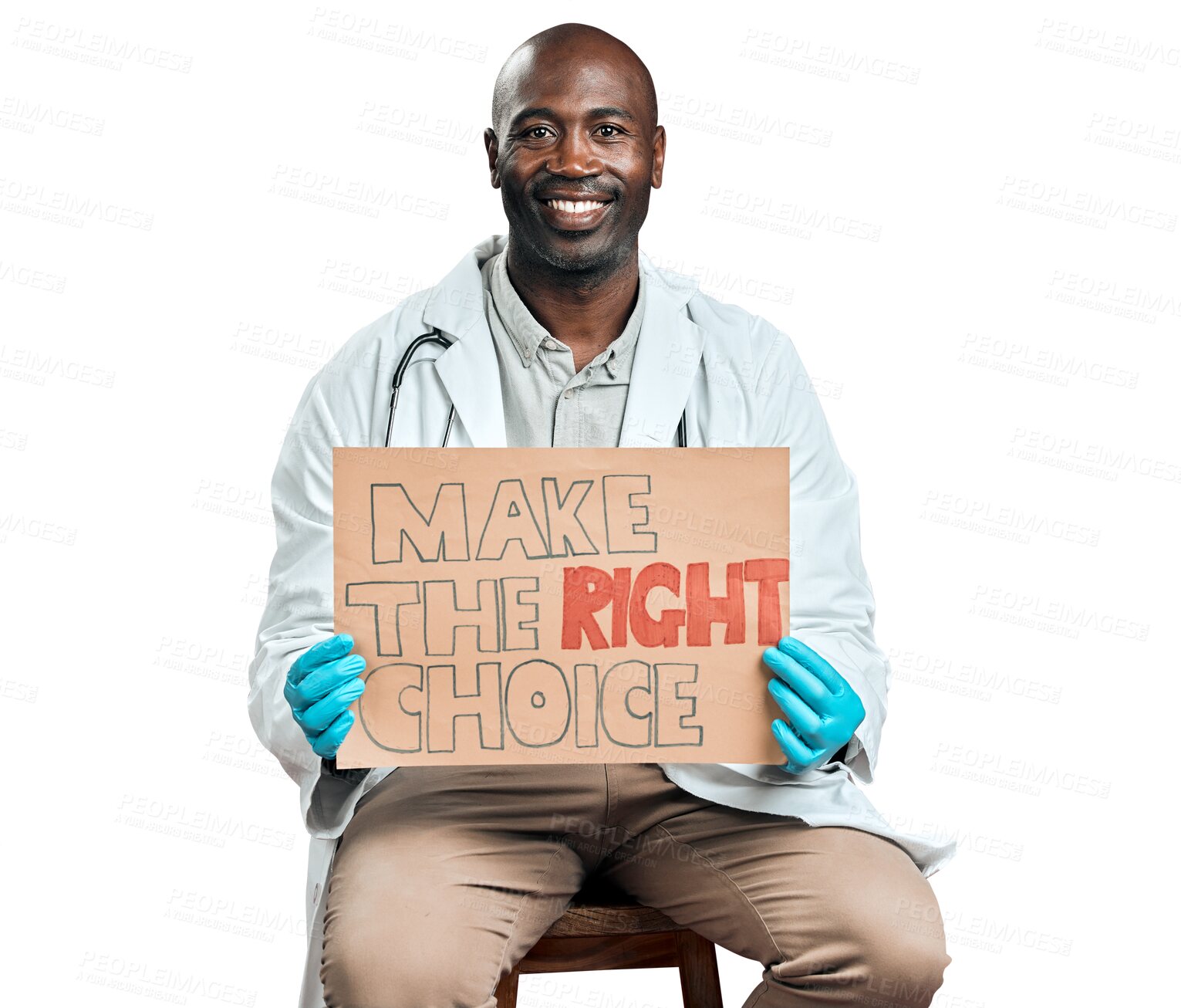 Buy stock photo Portrait, doctor and black man, banner and vaccine isolated on a transparent png background. Happy, medical professional and immunization poster, healthcare choice or advertising wellness in hospital