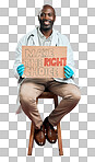 African american covid doctor holding and showing poster. Full length portrait of smiling black physician isolated against red studio background with copyspace. Man promoting corona vaccine on sign