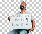 African american covid vaccinated man showing and holding poster. Shouting black man isolated on red studio background with copyspace. Excited model with sign to promote corona vaccine and motivate