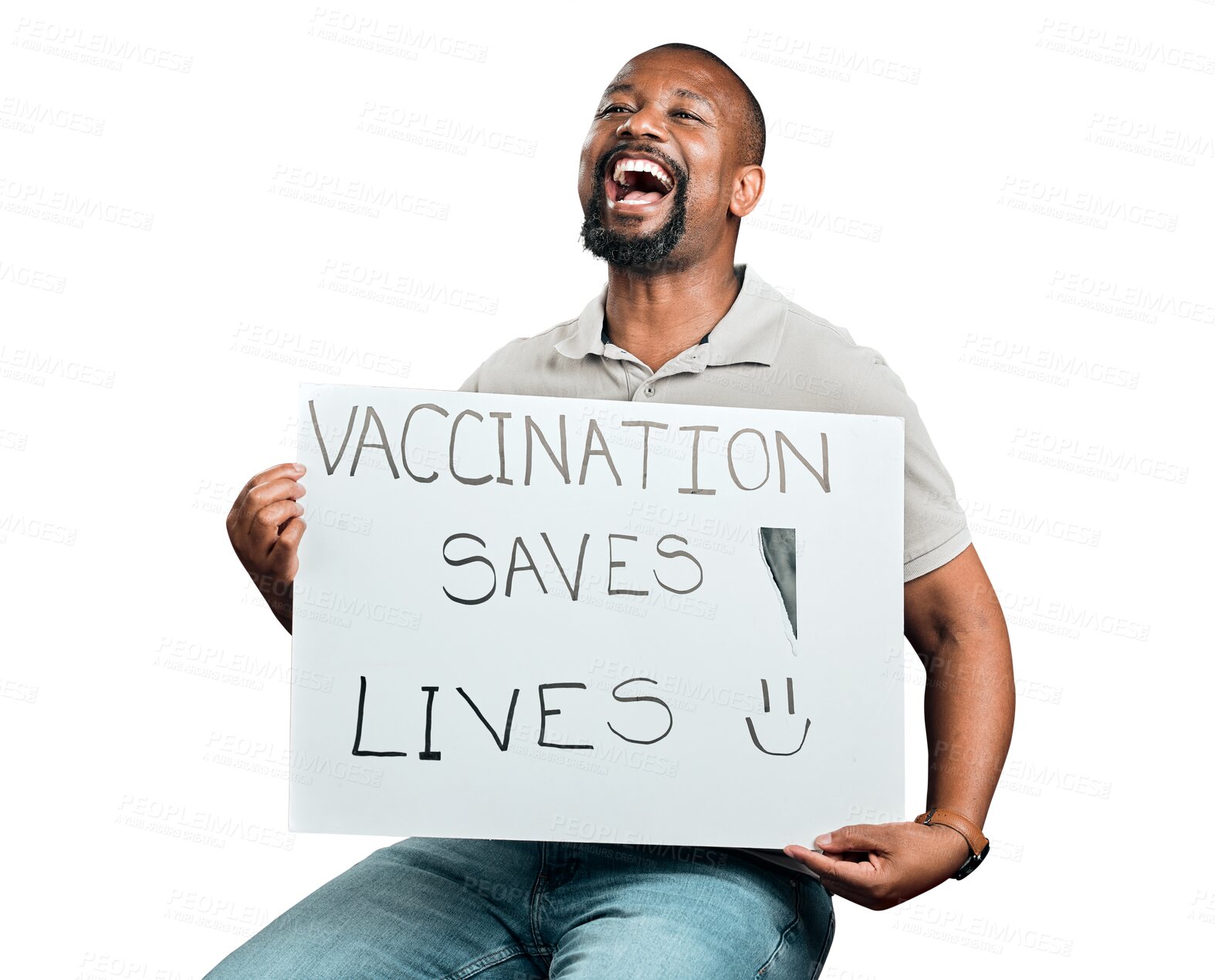 Buy stock photo Happy, covid vaccinated and black man with a poster, information or smile isolated on a transparent background. Laugh, male person or model with a banner, corona vaccine or promotion with png or sign